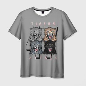Мужская футболка 3D с принтом Tigers attacks в Тюмени, 100% полиэфир | прямой крой, круглый вырез горловины, длина до линии бедер | 