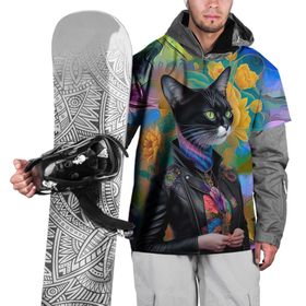 Накидка на куртку 3D с принтом Модная кошечка в кожаной куртке   нейросеть в Курске, 100% полиэстер |  | 