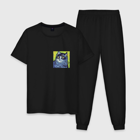 Мужская пижама хлопок с принтом Задумчивый кот в стиле Ван Гога в Курске, 100% хлопок | брюки и футболка прямого кроя, без карманов, на брюках мягкая резинка на поясе и по низу штанин
 | Тематика изображения на принте: 