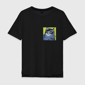 Мужская футболка хлопок Oversize с принтом Задумчивый кот в стиле Ван Гога в Белгороде, 100% хлопок | свободный крой, круглый ворот, “спинка” длиннее передней части | Тематика изображения на принте: 
