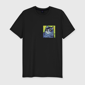 Мужская футболка хлопок Slim с принтом Задумчивый кот в стиле Ван Гога в Белгороде, 92% хлопок, 8% лайкра | приталенный силуэт, круглый вырез ворота, длина до линии бедра, короткий рукав | Тематика изображения на принте: 