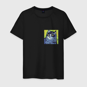 Мужская футболка хлопок с принтом Задумчивый кот в стиле Ван Гога в Курске, 100% хлопок | прямой крой, круглый вырез горловины, длина до линии бедер, слегка спущенное плечо. | Тематика изображения на принте: 