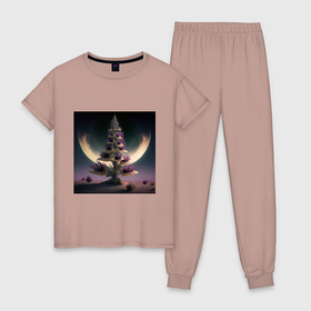 Женская пижама хлопок с принтом Цветок на Марсе в Новосибирске, 100% хлопок | брюки и футболка прямого кроя, без карманов, на брюках мягкая резинка на поясе и по низу штанин | 