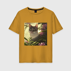 Женская футболка хлопок Oversize с принтом Кот в цветах в квадрате , 100% хлопок | свободный крой, круглый ворот, спущенный рукав, длина до линии бедер
 | 