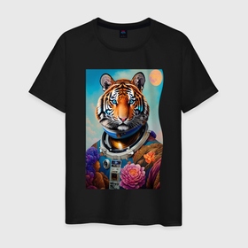 Мужская футболка хлопок с принтом Тигр в космическом скафандре   нейросеть , 100% хлопок | прямой крой, круглый вырез горловины, длина до линии бедер, слегка спущенное плечо. | 