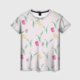 Женская футболка 3D с принтом Цветут тюльпаны , 100% полиэфир ( синтетическое хлопкоподобное полотно) | прямой крой, круглый вырез горловины, длина до линии бедер | 