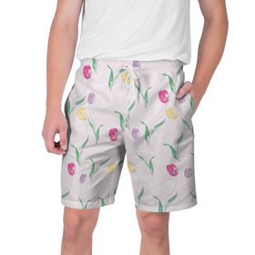 Мужские шорты 3D с принтом Цветут тюльпаны в Белгороде,  полиэстер 100% | прямой крой, два кармана без застежек по бокам. Мягкая трикотажная резинка на поясе, внутри которой широкие завязки. Длина чуть выше колен | 