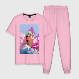 Мужская пижама хлопок с принтом Весенняя девушка в цветах в Курске, 100% хлопок | брюки и футболка прямого кроя, без карманов, на брюках мягкая резинка на поясе и по низу штанин
 | 