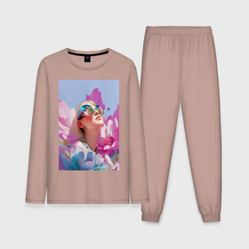 Мужская пижама с лонгсливом хлопок с принтом Весенняя девушка в цветах ,  |  | Тематика изображения на принте: 