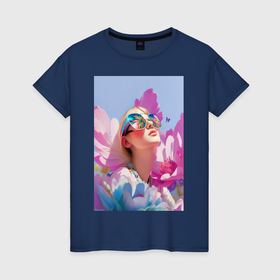 Женская футболка хлопок с принтом Весенняя девушка в цветах , 100% хлопок | прямой крой, круглый вырез горловины, длина до линии бедер, слегка спущенное плечо | 