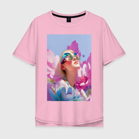 Мужская футболка хлопок Oversize с принтом Весенняя девушка в цветах , 100% хлопок | свободный крой, круглый ворот, “спинка” длиннее передней части | Тематика изображения на принте: 