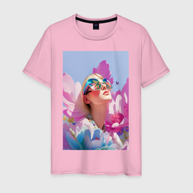 Мужская футболка хлопок с принтом Весенняя девушка в цветах в Петрозаводске, 100% хлопок | прямой крой, круглый вырез горловины, длина до линии бедер, слегка спущенное плечо. | 