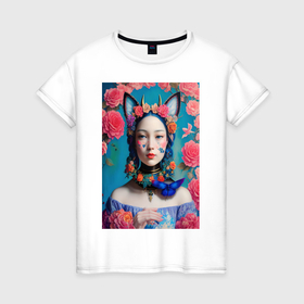 Женская футболка хлопок с принтом Кореянка девушка с кошачьими ушками в Санкт-Петербурге, 100% хлопок | прямой крой, круглый вырез горловины, длина до линии бедер, слегка спущенное плечо | 