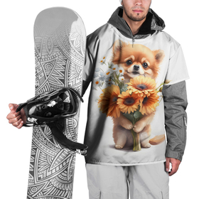Накидка на куртку 3D с принтом Милый щенок с подсолнухами и ромашками , 100% полиэстер |  | 
