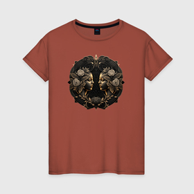Женская футболка хлопок с принтом Знак зодиака Близнецы в бронзе в Курске, 100% хлопок | прямой крой, круглый вырез горловины, длина до линии бедер, слегка спущенное плечо | 