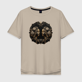 Мужская футболка хлопок Oversize с принтом Знак зодиака Близнецы в бронзе в Новосибирске, 100% хлопок | свободный крой, круглый ворот, “спинка” длиннее передней части | 