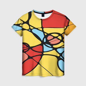 Женская футболка 3D с принтом Яркий абстрактный узор из цветных овалов и плавных линий , 100% полиэфир ( синтетическое хлопкоподобное полотно) | прямой крой, круглый вырез горловины, длина до линии бедер | 