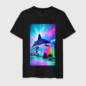 Мужская футболка хлопок с принтом Неоновая акула   нейросеть в Санкт-Петербурге, 100% хлопок | прямой крой, круглый вырез горловины, длина до линии бедер, слегка спущенное плечо. | 