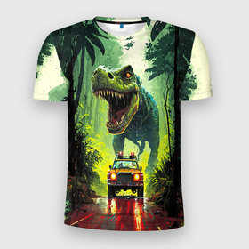 Мужская футболка 3D Slim с принтом Динозавр в погоне за машиной в джунглях в Белгороде, 100% полиэстер с улучшенными характеристиками | приталенный силуэт, круглая горловина, широкие плечи, сужается к линии бедра | 