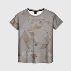 Женская футболка 3D с принтом Геометрическое множество серых и бежевых треугольников в Рязани, 100% полиэфир ( синтетическое хлопкоподобное полотно) | прямой крой, круглый вырез горловины, длина до линии бедер | 