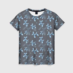 Женская футболка 3D с принтом паттерн с голубыми собаками в Тюмени, 100% полиэфир ( синтетическое хлопкоподобное полотно) | прямой крой, круглый вырез горловины, длина до линии бедер | Тематика изображения на принте: 