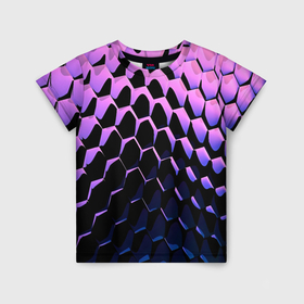 Детская футболка 3D с принтом шестиугольники волны в Екатеринбурге, 100% гипоаллергенный полиэфир | прямой крой, круглый вырез горловины, длина до линии бедер, чуть спущенное плечо, ткань немного тянется | Тематика изображения на принте: 