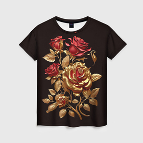 Женская футболка 3D с принтом Красные и золотые розы в Курске, 100% полиэфир ( синтетическое хлопкоподобное полотно) | прямой крой, круглый вырез горловины, длина до линии бедер | 