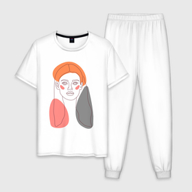 Мужская пижама хлопок с принтом Лайн арт портрет девушки в стиле минимализм в Петрозаводске, 100% хлопок | брюки и футболка прямого кроя, без карманов, на брюках мягкая резинка на поясе и по низу штанин
 | 