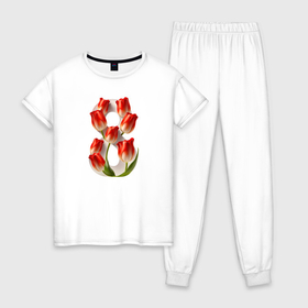 Женская пижама хлопок с принтом 8 марта с тюльпанами , 100% хлопок | брюки и футболка прямого кроя, без карманов, на брюках мягкая резинка на поясе и по низу штанин | 