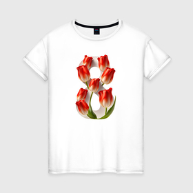 Женская футболка хлопок с принтом 8 марта с тюльпанами , 100% хлопок | прямой крой, круглый вырез горловины, длина до линии бедер, слегка спущенное плечо | 