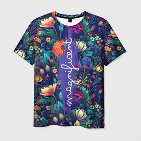 Мужская футболка 3D с принтом Magnificent Великолепная цветы в Екатеринбурге, 100% полиэфир | прямой крой, круглый вырез горловины, длина до линии бедер | Тематика изображения на принте: 