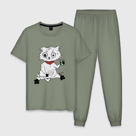 Мужская пижама хлопок с принтом Котик кофеман в Курске, 100% хлопок | брюки и футболка прямого кроя, без карманов, на брюках мягкая резинка на поясе и по низу штанин
 | 