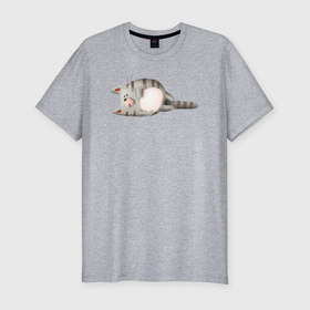 Мужская футболка хлопок Slim с принтом Полосатый кот лежит на боку в Петрозаводске, 92% хлопок, 8% лайкра | приталенный силуэт, круглый вырез ворота, длина до линии бедра, короткий рукав | 