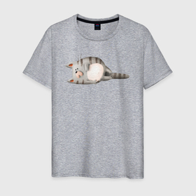Мужская футболка хлопок с принтом полосатый кот лежит на боку в Петрозаводске, 100% хлопок | прямой крой, круглый вырез горловины, длина до линии бедер, слегка спущенное плечо. | 