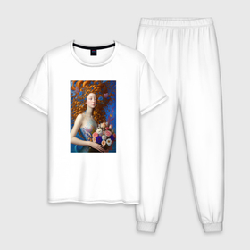 Мужская пижама хлопок с принтом Русалка с цветами в стиле Ренессанса в Петрозаводске, 100% хлопок | брюки и футболка прямого кроя, без карманов, на брюках мягкая резинка на поясе и по низу штанин
 | 