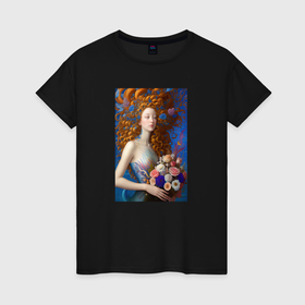 Женская футболка хлопок с принтом Русалка с цветами в стиле Ренессанса в Тюмени, 100% хлопок | прямой крой, круглый вырез горловины, длина до линии бедер, слегка спущенное плечо | 