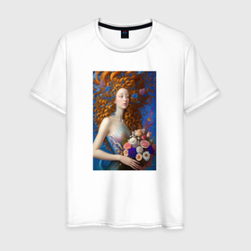 Мужская футболка хлопок с принтом Русалка с цветами в стиле Ренессанса в Курске, 100% хлопок | прямой крой, круглый вырез горловины, длина до линии бедер, слегка спущенное плечо. | 