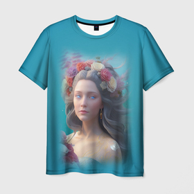 Мужская футболка 3D с принтом Цветочный портрет женщины с голубыми глазами в Кировске, 100% полиэфир | прямой крой, круглый вырез горловины, длина до линии бедер | 