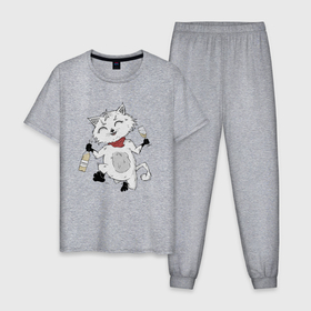 Мужская пижама хлопок с принтом Праздничный котик , 100% хлопок | брюки и футболка прямого кроя, без карманов, на брюках мягкая резинка на поясе и по низу штанин
 | Тематика изображения на принте: 