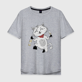Мужская футболка хлопок Oversize с принтом Праздничный котик , 100% хлопок | свободный крой, круглый ворот, “спинка” длиннее передней части | Тематика изображения на принте: 