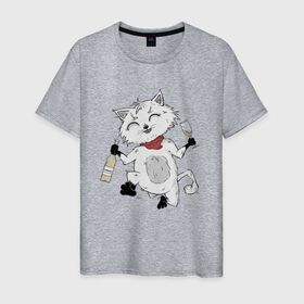 Мужская футболка хлопок с принтом Праздничный котик , 100% хлопок | прямой крой, круглый вырез горловины, длина до линии бедер, слегка спущенное плечо. | Тематика изображения на принте: 