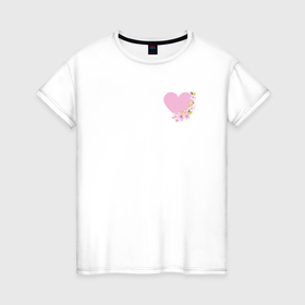 Женская футболка хлопок с принтом Сердце и веточка цветущей сакуры в Белгороде, 100% хлопок | прямой крой, круглый вырез горловины, длина до линии бедер, слегка спущенное плечо | 