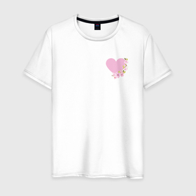Мужская футболка хлопок с принтом Сердце и веточка цветущей сакуры в Санкт-Петербурге, 100% хлопок | прямой крой, круглый вырез горловины, длина до линии бедер, слегка спущенное плечо. | 