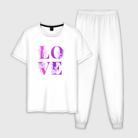 Мужская пижама хлопок с принтом Love Любовь цветы в Санкт-Петербурге, 100% хлопок | брюки и футболка прямого кроя, без карманов, на брюках мягкая резинка на поясе и по низу штанин
 | Тематика изображения на принте: 