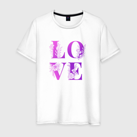 Мужская футболка хлопок с принтом Love Любовь цветы в Санкт-Петербурге, 100% хлопок | прямой крой, круглый вырез горловины, длина до линии бедер, слегка спущенное плечо. | Тематика изображения на принте: 
