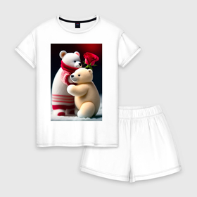Женская пижама с шортиками хлопок с принтом Медвежи объятия и роза в Белгороде, 100% хлопок | футболка прямого кроя, шорты свободные с широкой мягкой резинкой | 