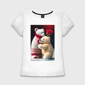 Женская футболка хлопок Slim с принтом Медвежи объятия и роза в Белгороде,  |  | Тематика изображения на принте: 