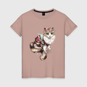 Женская футболка хлопок с принтом Кошечка с цветами в Тюмени, 100% хлопок | прямой крой, круглый вырез горловины, длина до линии бедер, слегка спущенное плечо | 