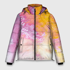 Мужская зимняя куртка 3D с принтом Абстрактные переливающиеся розовые, жёлтые и фиолетовые краски в Новосибирске, верх — 100% полиэстер; подкладка — 100% полиэстер; утеплитель — 100% полиэстер | длина ниже бедра, свободный силуэт Оверсайз. Есть воротник-стойка, отстегивающийся капюшон и ветрозащитная планка. 

Боковые карманы с листочкой на кнопках и внутренний карман на молнии. | 