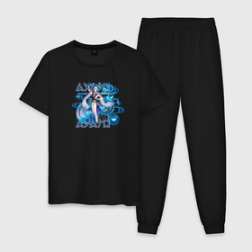 Мужская пижама хлопок с принтом Камисато Аято гидро надписи в Санкт-Петербурге, 100% хлопок | брюки и футболка прямого кроя, без карманов, на брюках мягкая резинка на поясе и по низу штанин
 | 